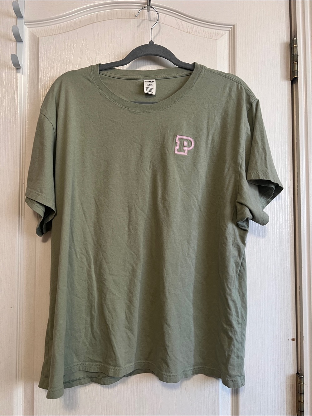 PINK Victoria's Secret Olive Green Short Sleeve Tee with Pink P Patch